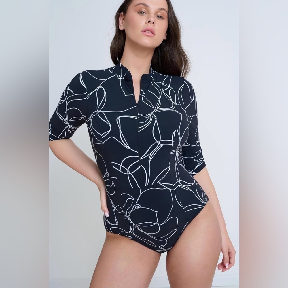 NWT Gottex Modest High Neck Long Sleeve 3/4 Sleeve Zip Up One Piece Swimsuit